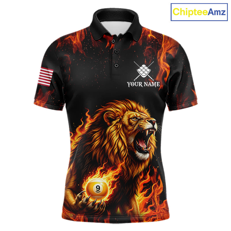 Custom Orange Flaming 9 Ball Pool Lion Billiard Shirts For Men, Pool Team Jersey Polo & 1/4 Zip TDM7839