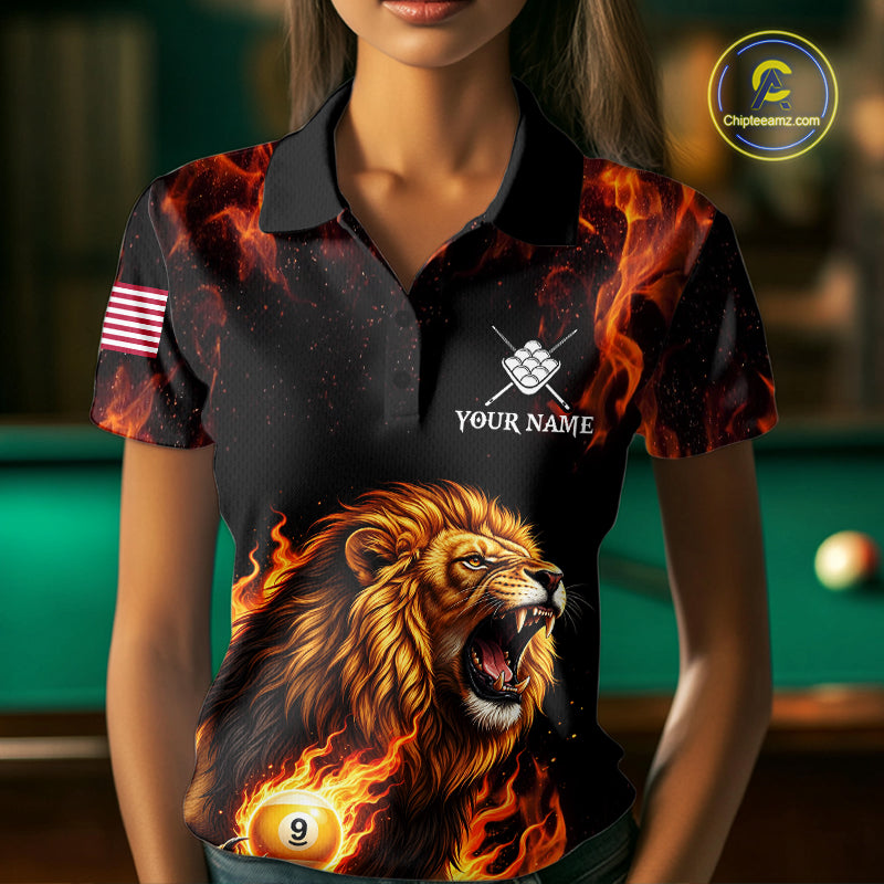 Custom Orange Flaming 9 Ball Pool Lion Billiard Shirts For Women, Pool Team Jersey Polo & 1/4 Zip TDM7839