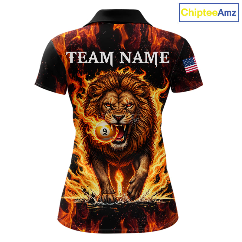 Custom Orange Flaming 9 Ball Pool Lion Billiard Shirts For Women, Pool Team Jersey Polo & 1/4 Zip TDM7839