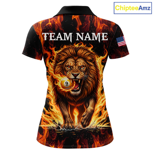 Custom Orange Flaming 9 Ball Pool Lion Billiard Shirts For Women, Pool Team Jersey Polo & 1/4 Zip TDM7839