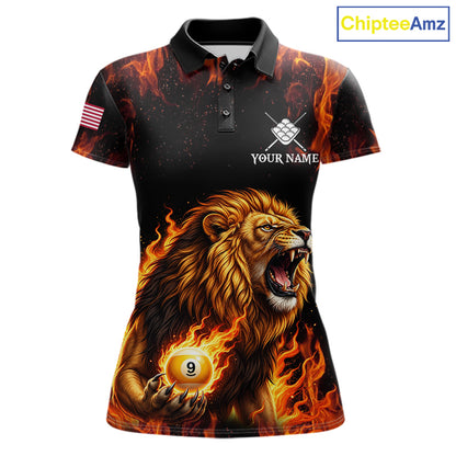 Custom Orange Flaming 9 Ball Pool Lion Billiard Shirts For Women, Pool Team Jersey Polo & 1/4 Zip TDM7839