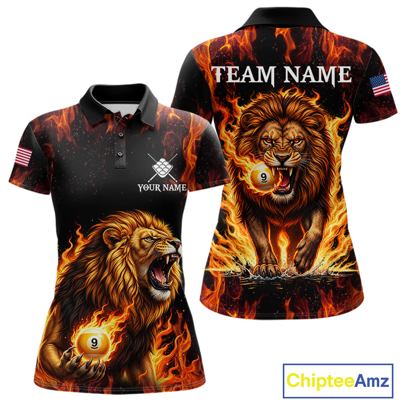 Custom Orange Flaming 9 Ball Pool Lion Billiard Shirts For Women, Pool Team Jersey Polo & 1/4 Zip TDM7839