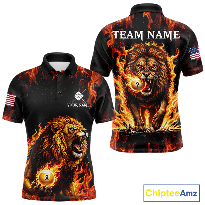 Custom Orange Flaming 9 Ball Pool Lion Billiard Shirts For Men, Pool Team Jersey Polo & 1/4 Zip TDM7839