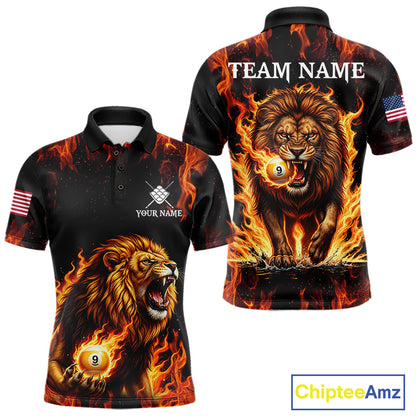 Custom Orange Flaming 9 Ball Pool Lion Billiard Shirts For Men, Pool Team Jersey Polo & 1/4 Zip TDM7839