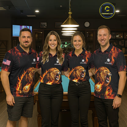 Custom Orange Flaming 9 Ball Pool Lion Billiard Shirts For Men, Pool Team Jersey Polo & 1/4 Zip TDM7839