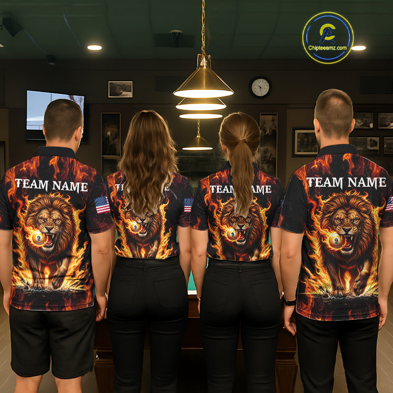 Custom Orange Flaming 9 Ball Pool Lion Billiard Shirts For Men, Pool Team Jersey Polo & 1/4 Zip TDM7839