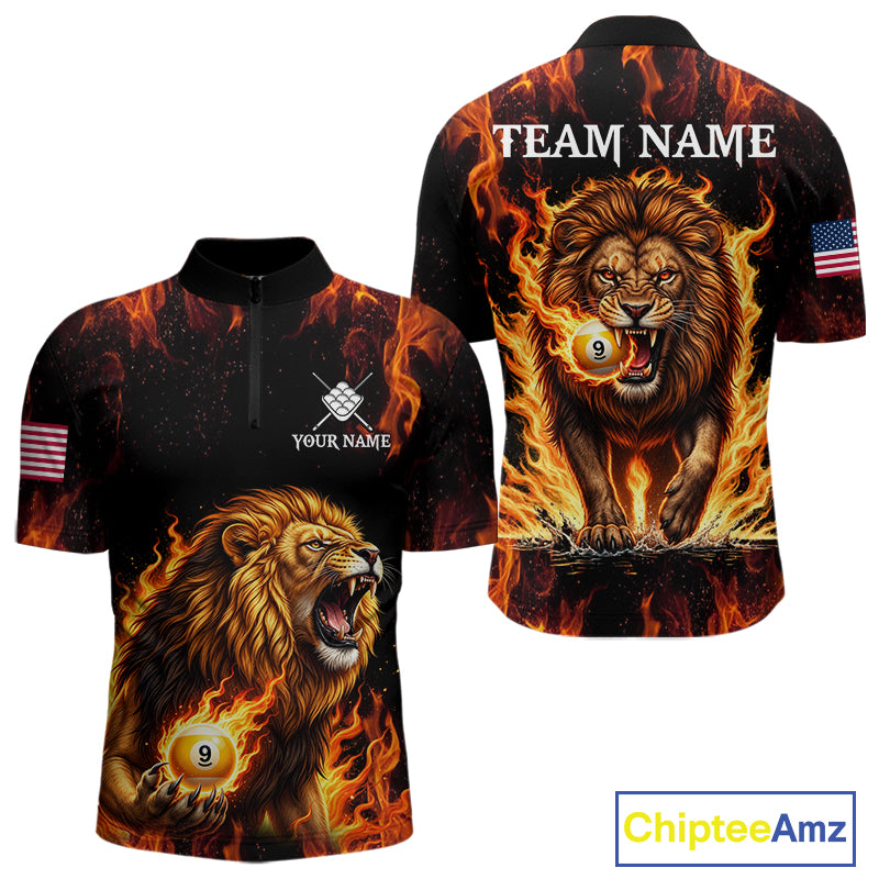 Custom Orange Flaming 9 Ball Pool Lion Billiard Shirts For Men, Pool Team Jersey Polo & 1/4 Zip TDM7839