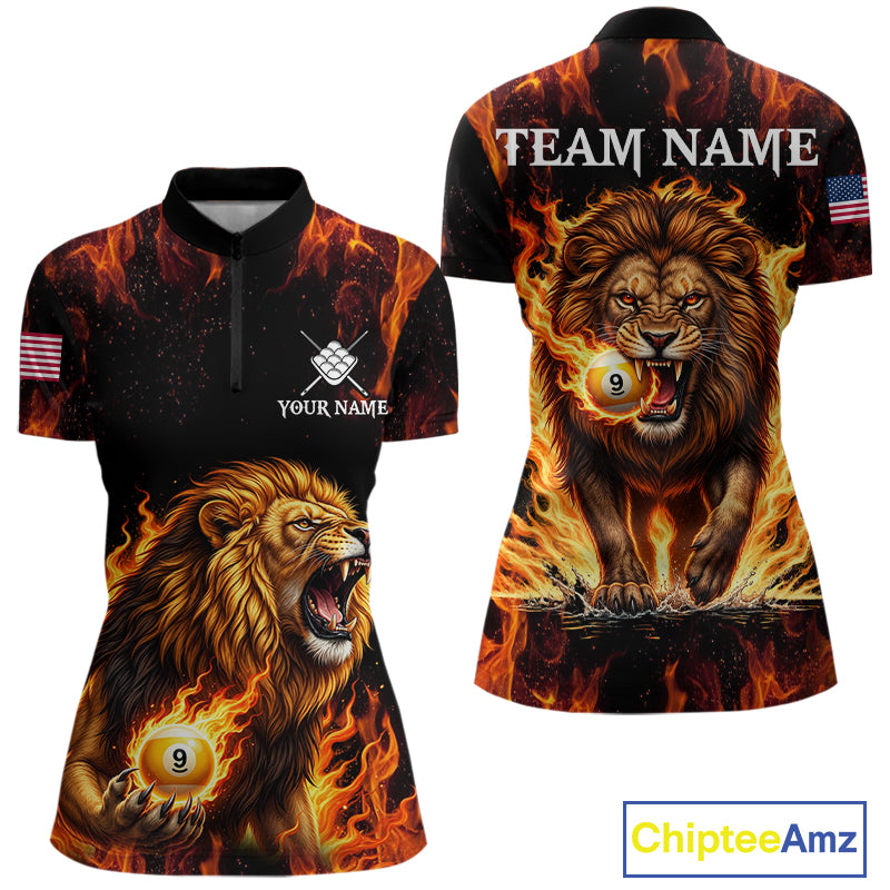 Custom Orange Flaming 9 Ball Pool Lion Billiard Shirts For Women, Pool Team Jersey Polo & 1/4 Zip TDM7839