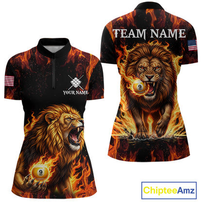 Custom Orange Flaming 9 Ball Pool Lion Billiard Shirts For Women, Pool Team Jersey Polo & 1/4 Zip TDM7839