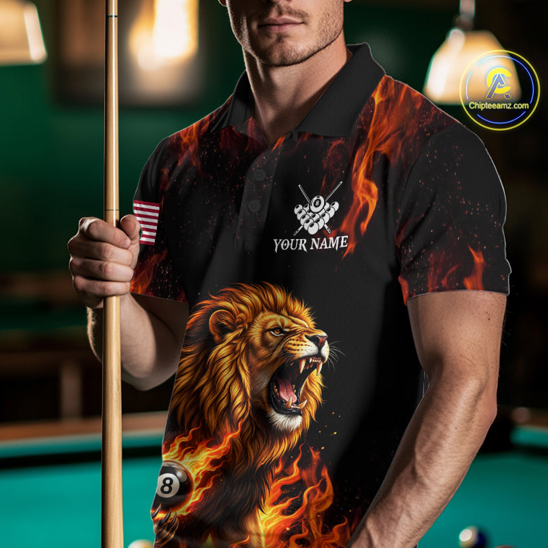 Custom Orange Flaming 8 Ball Pool Lion Billiard Shirts For Men, Pool Team Jersey Polo & 1/4 Zip TDM7840
