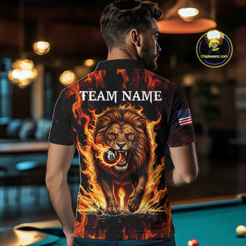 Custom Orange Flaming 8 Ball Pool Lion Billiard Shirts For Men, Pool Team Jersey Polo & 1/4 Zip TDM7840