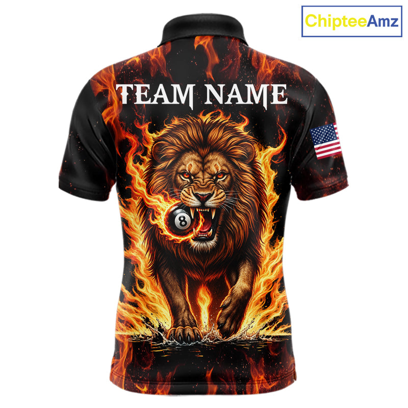 Custom Orange Flaming 8 Ball Pool Lion Billiard Shirts For Men, Pool Team Jersey Polo & 1/4 Zip TDM7840