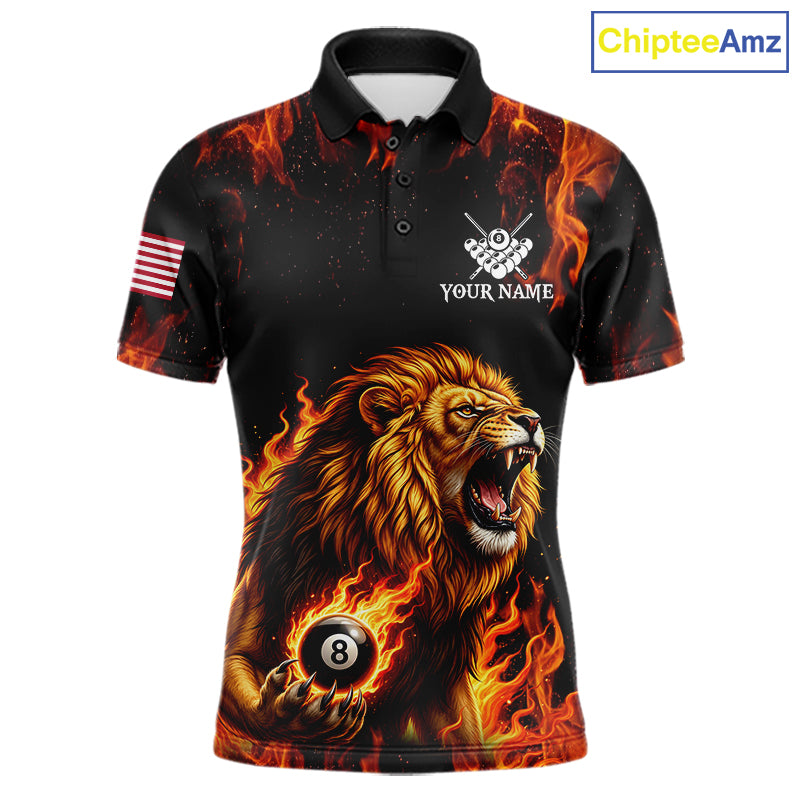 Custom Orange Flaming 8 Ball Pool Lion Billiard Shirts For Men, Pool Team Jersey Polo & 1/4 Zip TDM7840