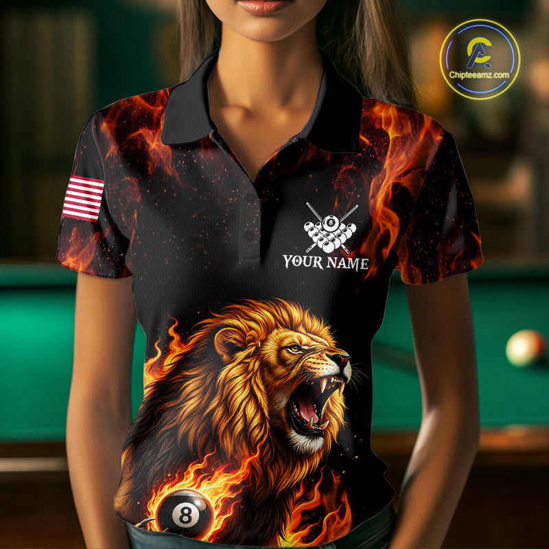 Custom Orange Flaming 8 Ball Pool Lion Billiard Shirts For Women, Pool Team Jersey Polo & 1/4 Zip TDM7840