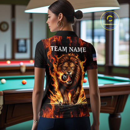 Custom Orange Flaming 8 Ball Pool Lion Billiard Shirts For Women, Pool Team Jersey Polo & 1/4 Zip TDM7840