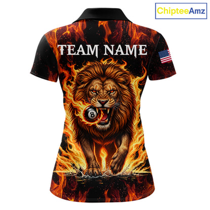 Custom Orange Flaming 8 Ball Pool Lion Billiard Shirts For Women, Pool Team Jersey Polo & 1/4 Zip TDM7840