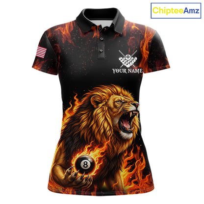 Custom Orange Flaming 8 Ball Pool Lion Billiard Shirts For Women, Pool Team Jersey Polo & 1/4 Zip TDM7840