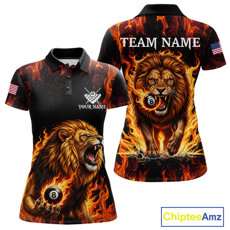Custom Orange Flaming 8 Ball Pool Lion Billiard Shirts For Women, Pool Team Jersey Polo & 1/4 Zip TDM7840