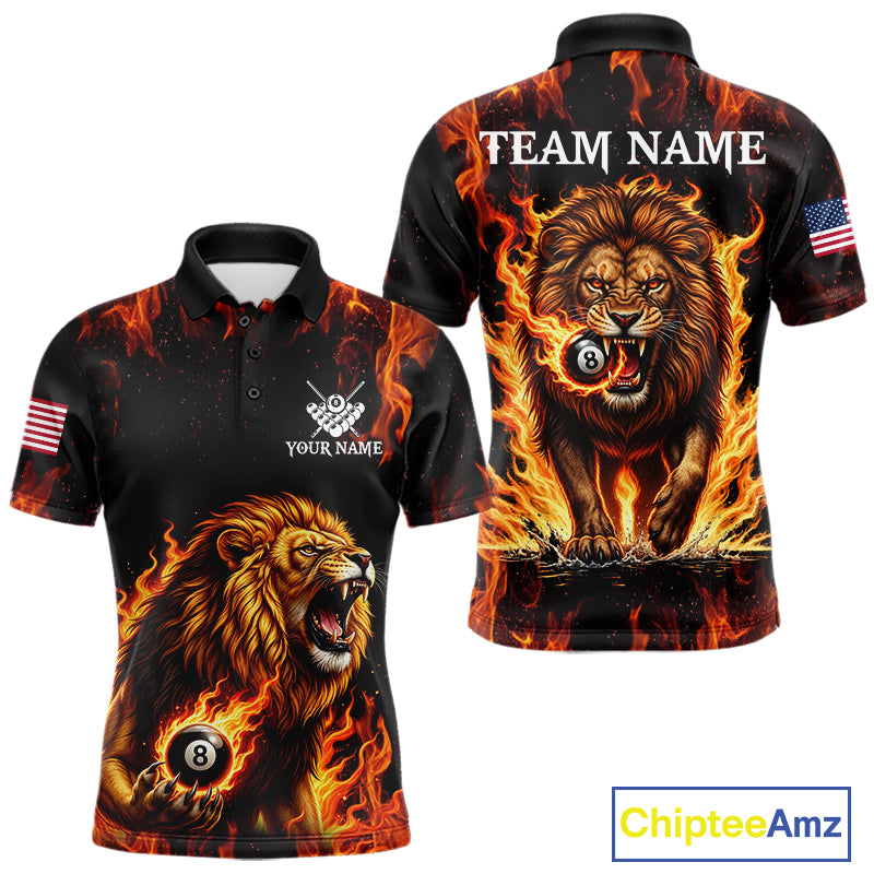 Custom Orange Flaming 8 Ball Pool Lion Billiard Shirts For Men, Pool Team Jersey Polo & 1/4 Zip TDM7840