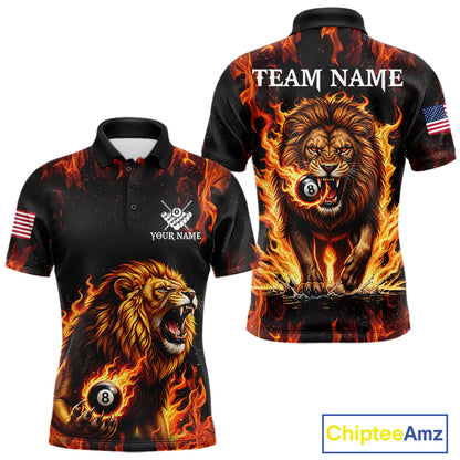 Custom Orange Flaming 8 Ball Pool Lion Billiard Shirts For Men, Pool Team Jersey Polo & 1/4 Zip TDM7840