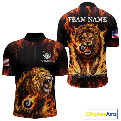 Custom Orange Flaming 8 Ball Pool Lion Billiard Shirts For Men, Pool Team Jersey Polo & 1/4 Zip TDM7840