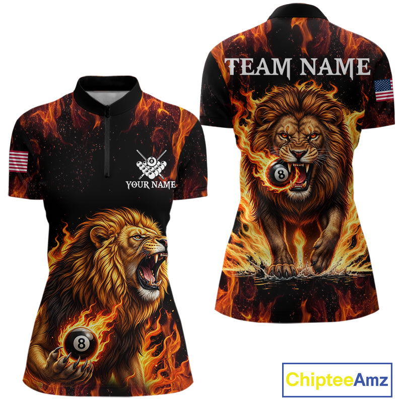 Custom Orange Flaming 8 Ball Pool Lion Billiard Shirts For Women, Pool Team Jersey Polo & 1/4 Zip TDM7840