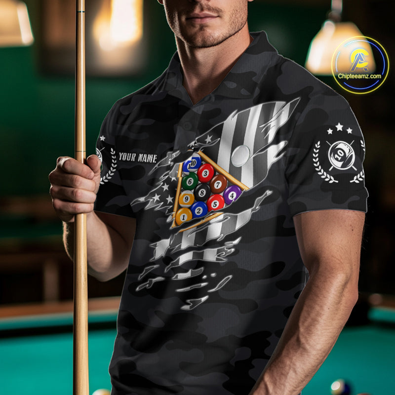 Personalized Camouflage US Flag Billiard Shirt For Women, Funny Patriotic 10 Ball Wings Pool Jersey TDM7842