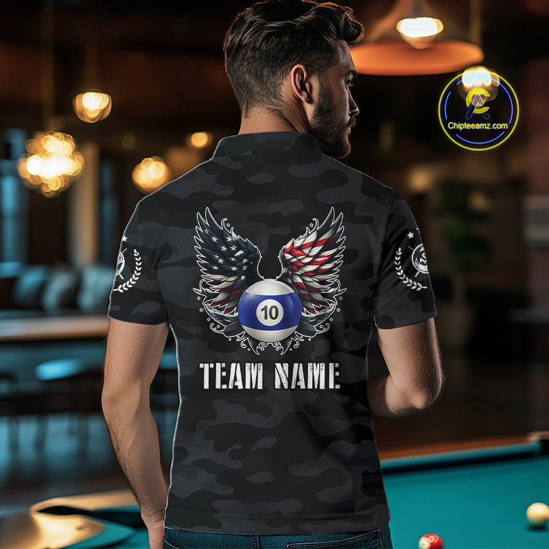 Personalized Camouflage US Flag Billiard Shirt For Women, Funny Patriotic 10 Ball Wings Pool Jersey TDM7842