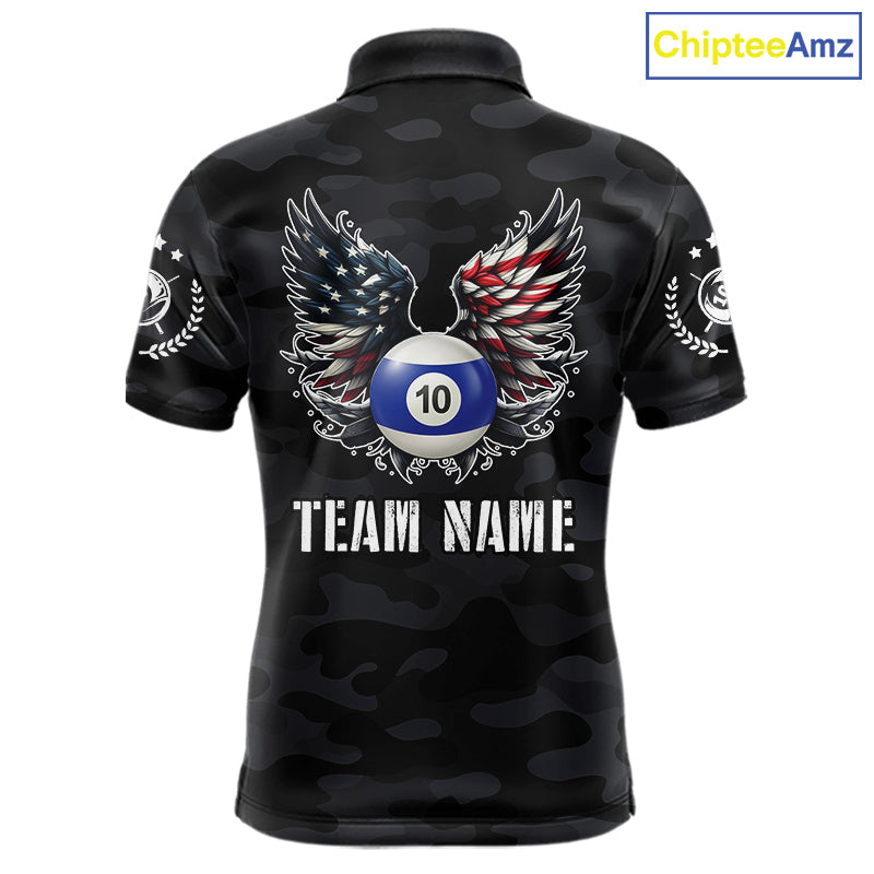 Personalized Camouflage US Flag Billiard Shirt For Women, Funny Patriotic 10 Ball Wings Pool Jersey TDM7842