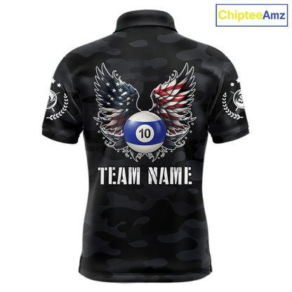 Personalized Camouflage US Flag Billiard Shirt For Women, Funny Patriotic 10 Ball Wings Pool Jersey TDM7842