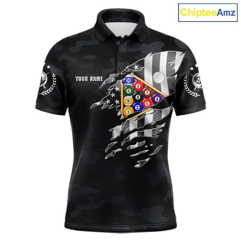 Personalized Camouflage US Flag Billiard Shirt For Women, Funny Patriotic 10 Ball Wings Pool Jersey TDM7842