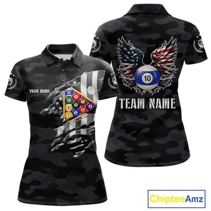Personalized Camouflage US Flag Billiard Shirt For Women, Funny Patriotic 10 Ball Wings Pool Jersey TDM7842
