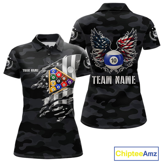 Personalized Camouflage US Flag Billiard Shirt For Women, Funny Patriotic 10 Ball Wings Pool Jersey TDM7842