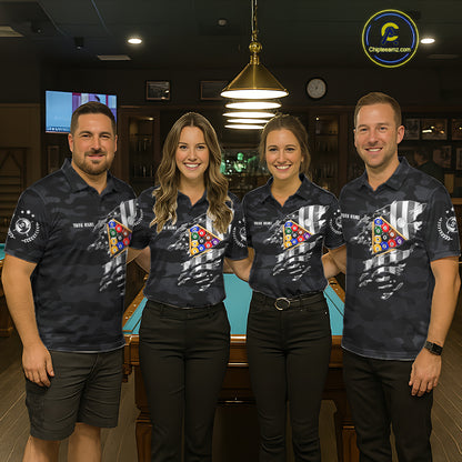 Personalized Camouflage US Flag Billiard Shirt For Women, Funny Patriotic 10 Ball Wings Pool Jersey TDM7842
