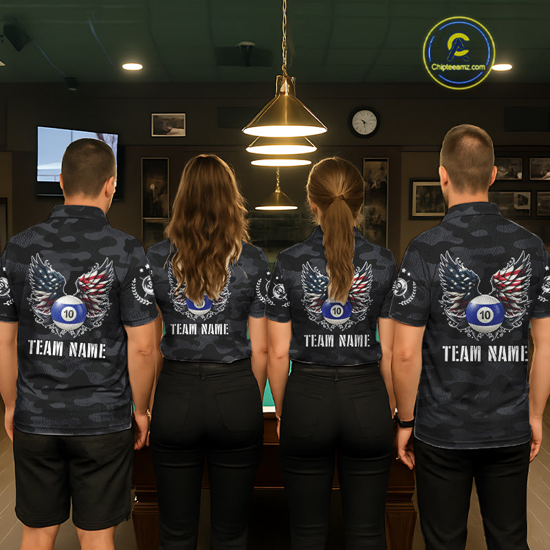 Personalized Camouflage US Flag Billiard Shirt For Women, Funny Patriotic 10 Ball Wings Pool Jersey TDM7842