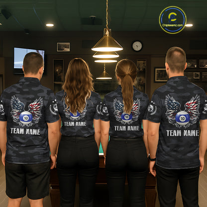Personalized Camouflage US Flag Billiard Shirt For Women, Funny Patriotic 10 Ball Wings Pool Jersey TDM7842