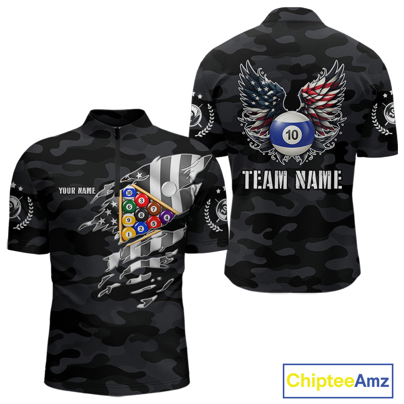 Personalized Camouflage US Flag Billiard Shirt For Women, Funny Patriotic 10 Ball Wings Pool Jersey TDM7842