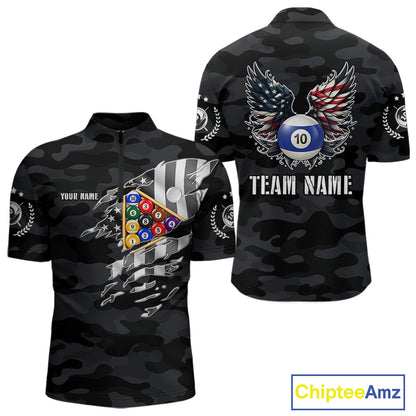 Personalized Camouflage US Flag Billiard Shirt For Women, Funny Patriotic 10 Ball Wings Pool Jersey TDM7842