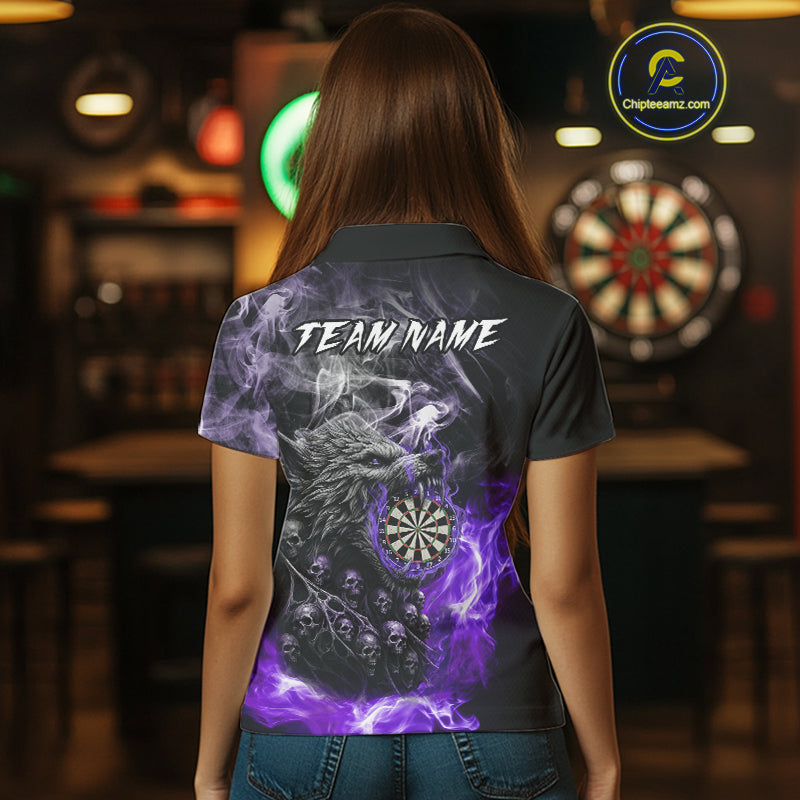 Personalized Wolf And Skull Smoke Purple Womens Dart Shirts Custom Dart Jerseys Team Polo & 1/4 Zip TDM5184