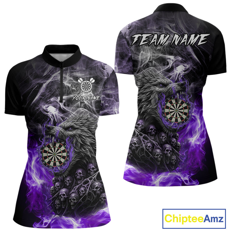 Personalized Wolf And Skull Smoke Purple Womens Dart Shirts Custom Dart Jerseys Team Polo & 1/4 Zip TDM5184
