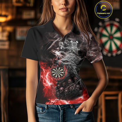 Personalized Wolf And Skull Smoke Red Womens Dart Shirts Custom Dart Jerseys Team Polo & 1/4 Zip TDM5185