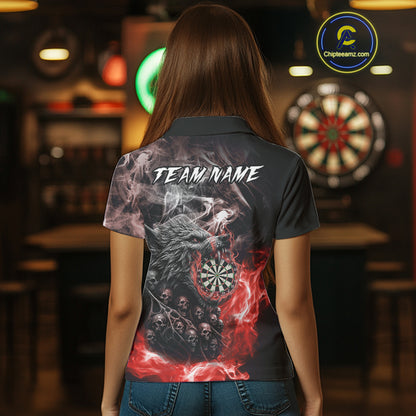 Personalized Wolf And Skull Smoke Red Womens Dart Shirts Custom Dart Jerseys Team Polo & 1/4 Zip TDM5185