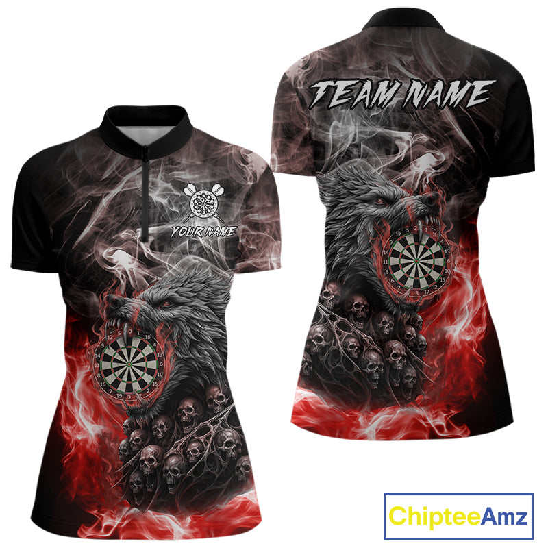 Personalized Wolf And Skull Smoke Red Womens Dart Shirts Custom Dart Jerseys Team Polo & 1/4 Zip TDM5185
