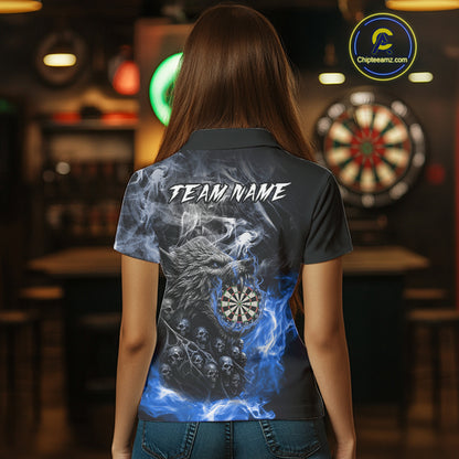 Personalized Wolf And Skull Smoke Blue Womens Dart Shirts Custom Dart Jerseys Team Polo & 1/4 Zip TDM5186