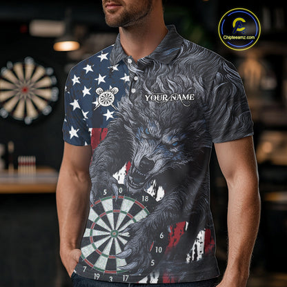 Personalized Grunge American Flag Wolf Darts Shirt For Men, Patriotic Dart Team Jerseys TDM5187