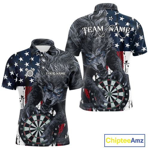 Personalized Grunge American Flag Wolf Darts Shirt For Men, Patriotic Dart Team Jerseys TDM5187