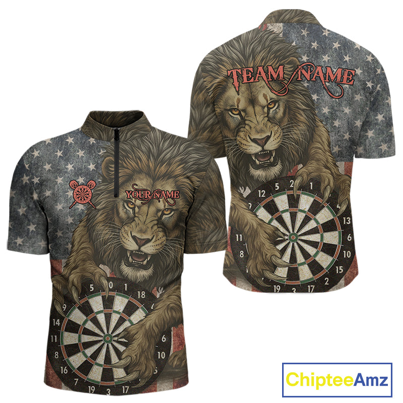 Personalized Vintage American Flag Lion Darts Shirt For Men, Patriotic Dart Team Jerseys TDM5188
