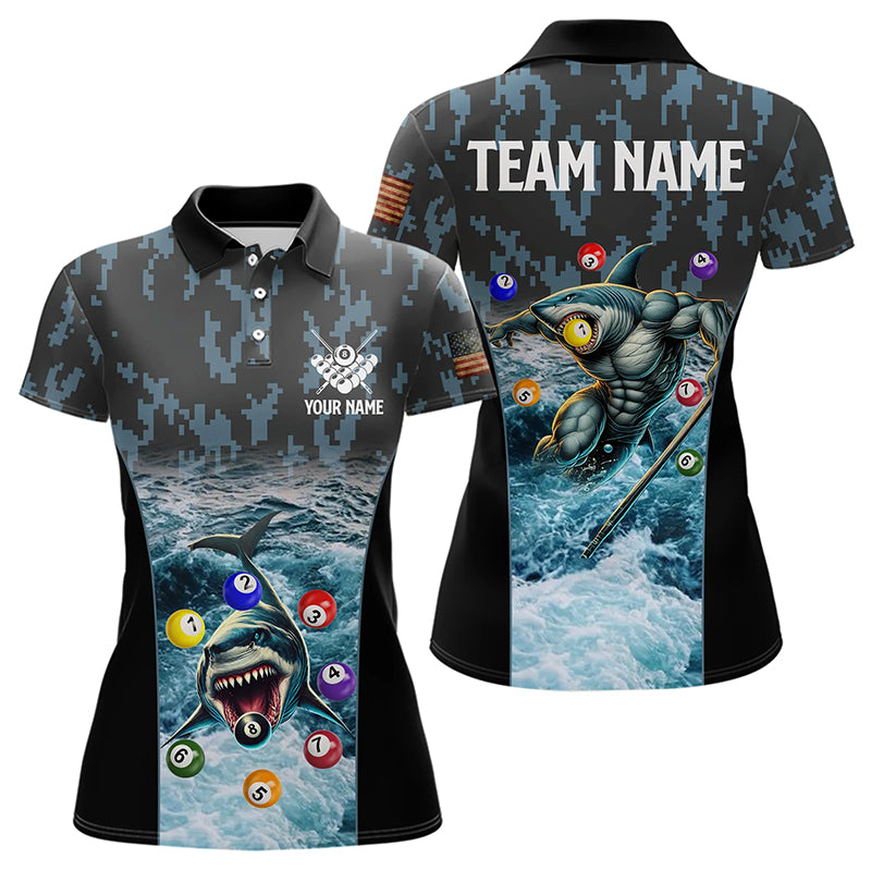 Blue Pool Ball Wave Ocean Custom Shark Billiard Polo & Quarter Zip For Women Billiard League Jerseys TDM3208