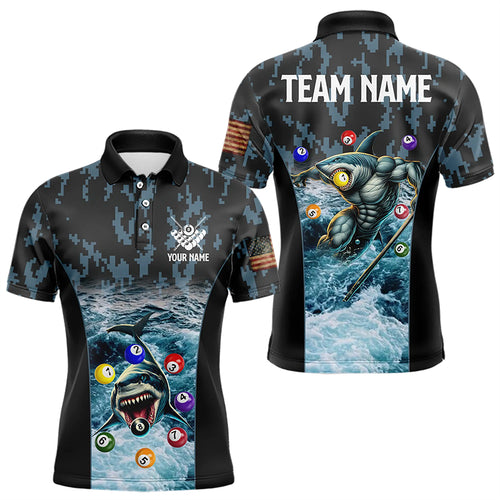 Blue Pool Ball Wave Ocean Custom Shark Billiard Polo & Quarter Zip For Men Billiard League Jerseys TDM3208