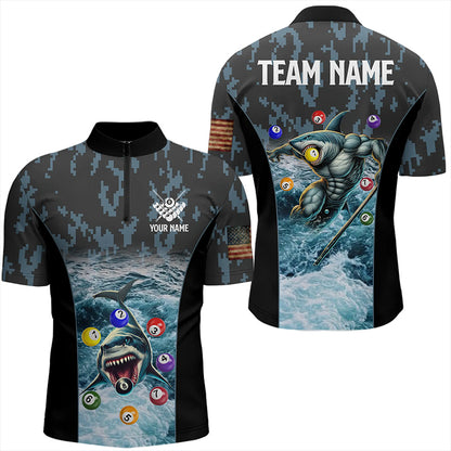 Blue Pool Ball Wave Ocean Custom Shark Billiard Polo & Quarter Zip For Men Billiard League Jerseys TDM3208